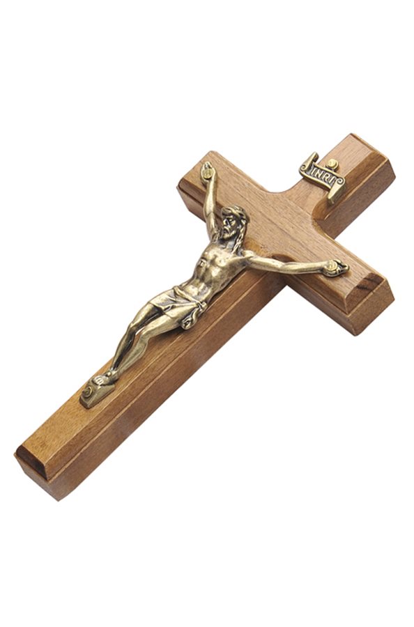Wood Crucifix 6,5 x 12 cm, Gold Finish Metal Corpus