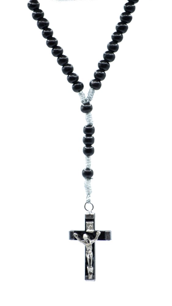 Rosary, Black Plastic Beads, String, Wooden Cross