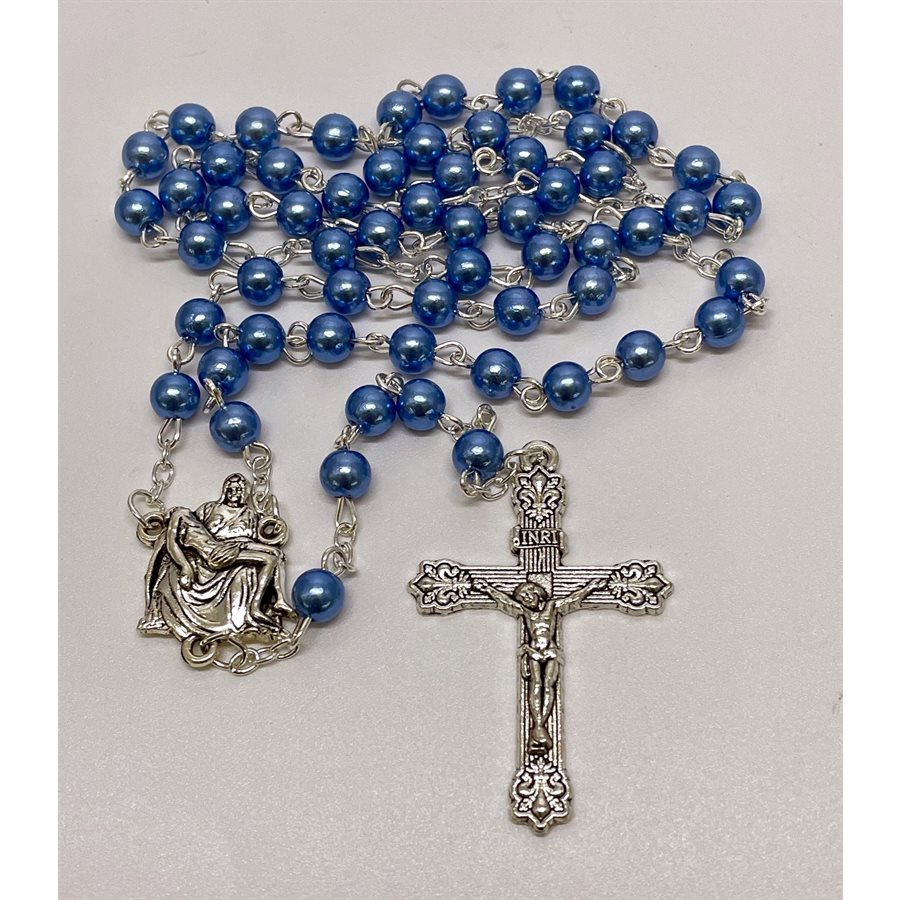 Rosary, blue pearl imitation, 6 mm, Pieta