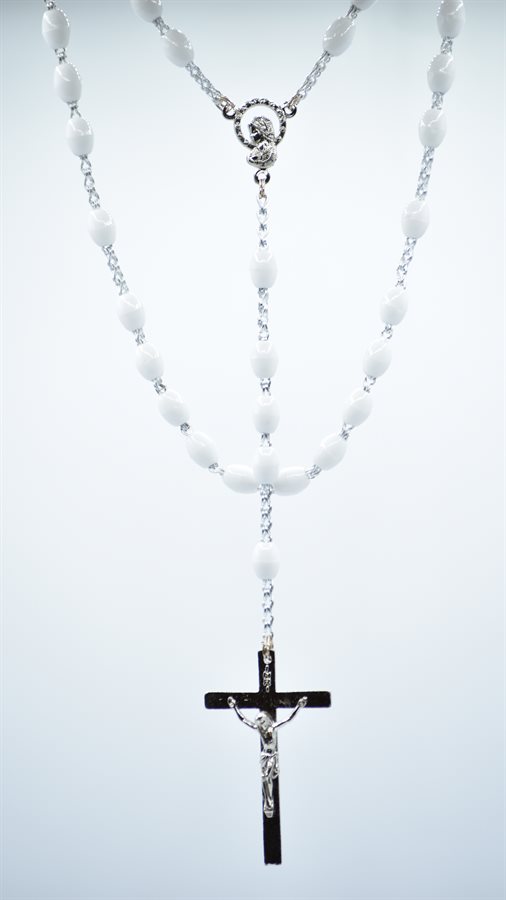 Rosary, 7mm white plastic beads, 24''