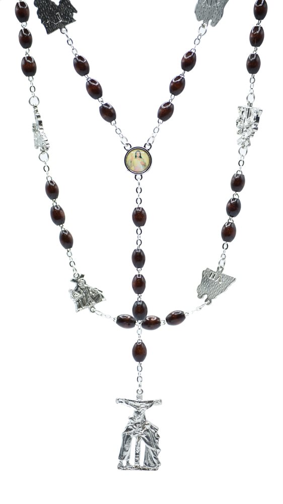 Dark brown wooden cross station rosary, 7mm Beads, 22"
