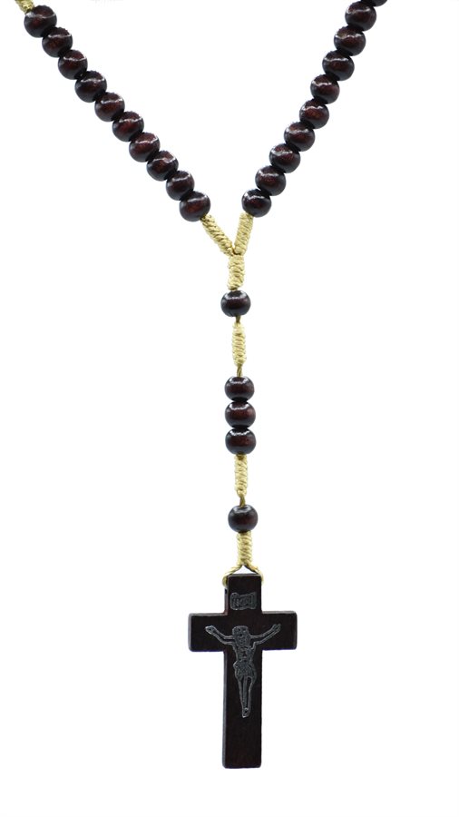 Chapelet, perles de bois, sur corde, brun, croix en