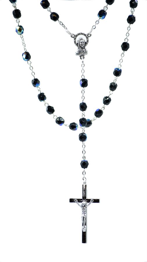 Rosary, 6 mm Black Glass Beads, S-F Cross, 18"