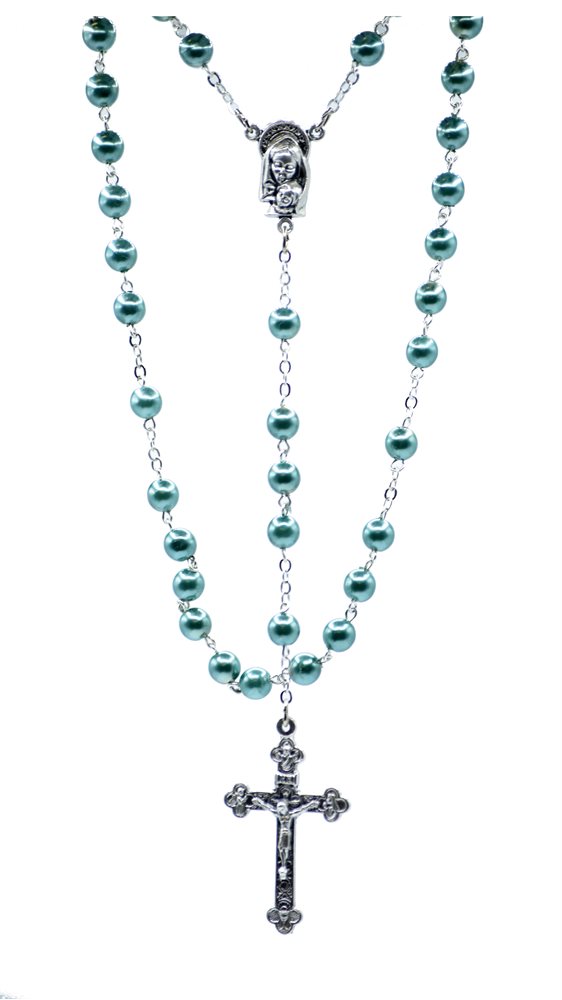 Rosary, 6 mm Pearl Turquoise Glass Beads, 18"