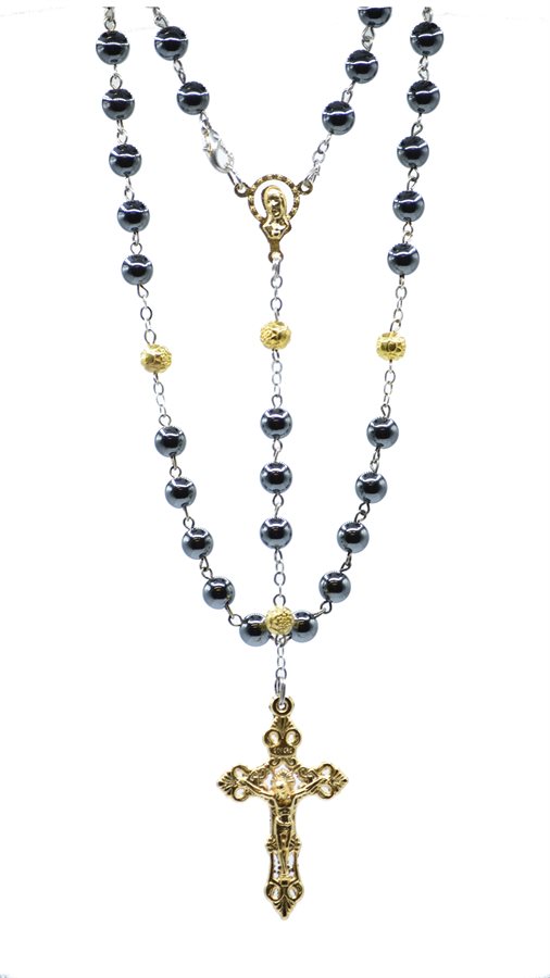 Rosary, 6 mm beads, hematite & gold, gold cross