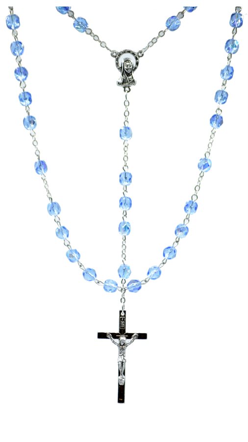 Chapelet, grains 6 mm, verre bleu, croix arg., 46 cm