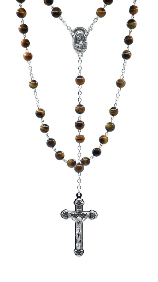 Rosary, 6 mm Tiger Eye Beads, Silver-Finish Cross