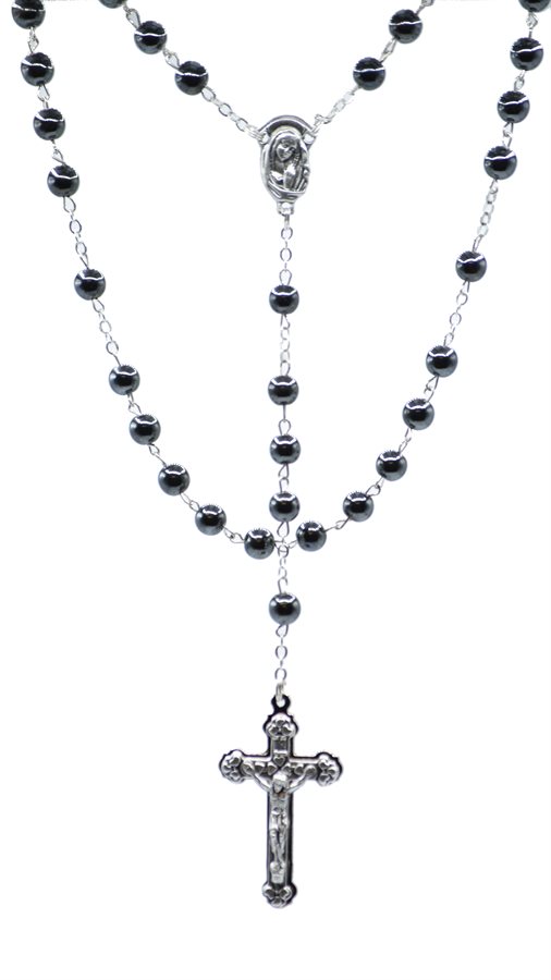Rosary, 6 mm Hematite Beads, Silver-Finish Cross