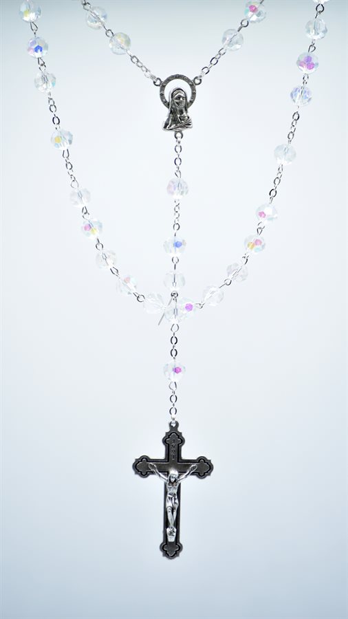 Rosary, 7 mm Clear Cut Crystal, Silver-Finish Cross