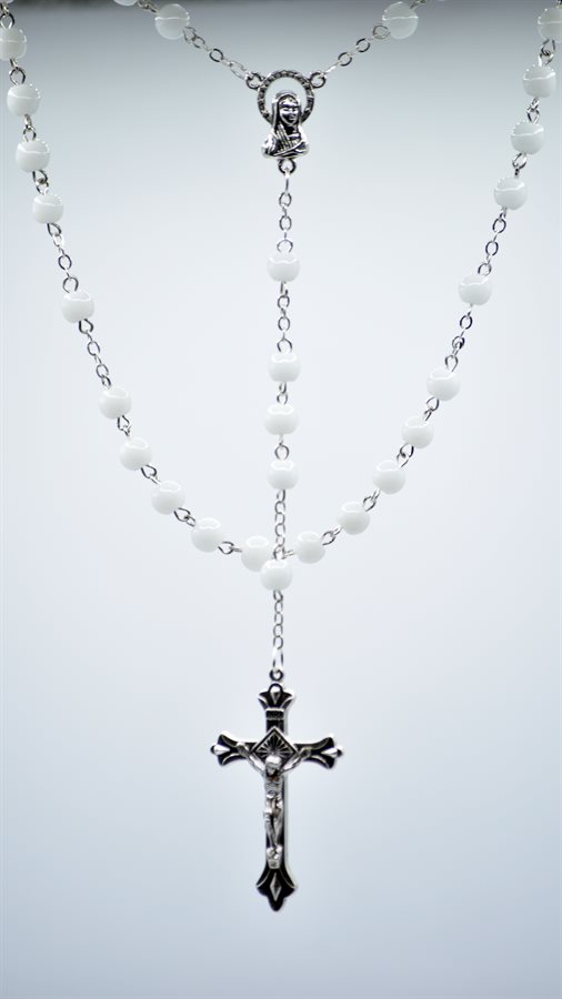 Rosary, 6 mm White Glass Beads, 24''