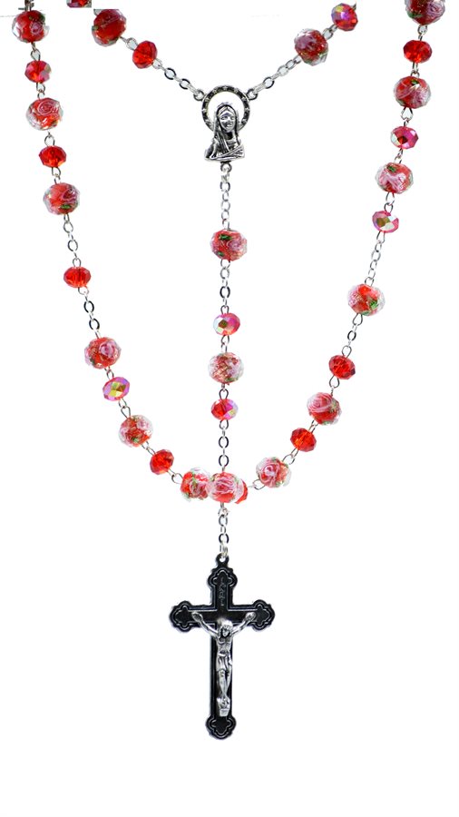 Rosary, 7 mm Red Crystal Beads, S-F Cross