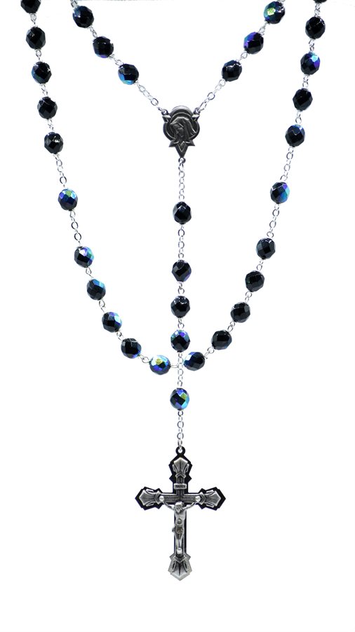 Rosary, 8 mm Black Cut Glass Beads, 24"