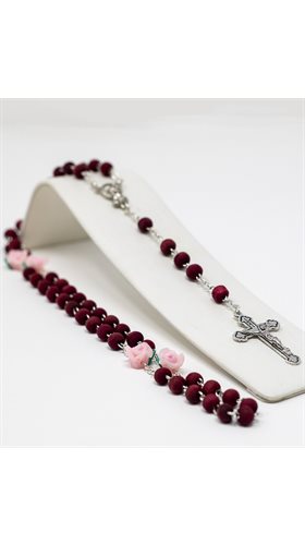 Rosary in rosewood 6mm and roses, silver