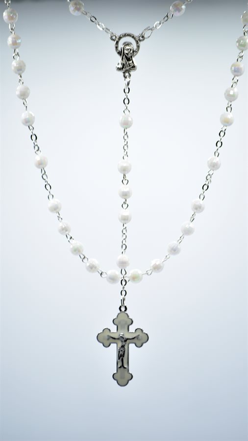 Rosary, 6 mm, white plastique bds, white cross,17''