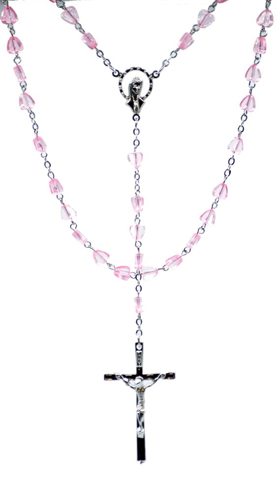 Rosary, 6 mm Pink Heart-Shaped Beads, 18"