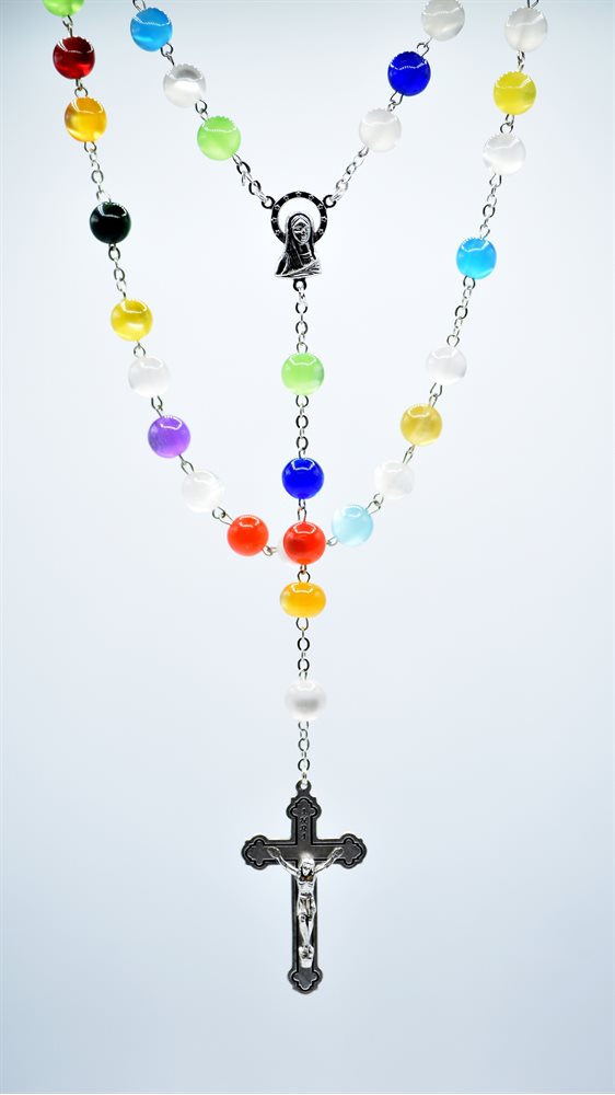 Rosary, 7 mm Colored Glass Beads, Silver finish Cros