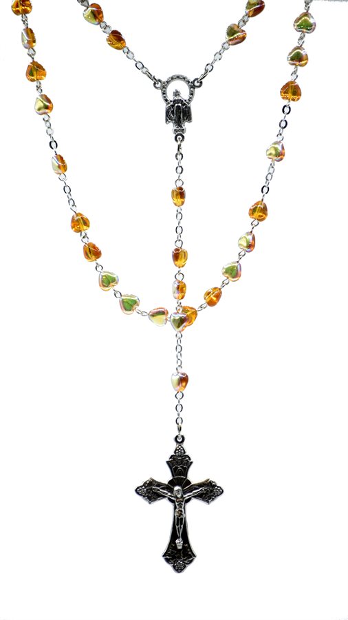 Rosary, 6mm Heart-Shaped Yellow Glass Bds,18½"