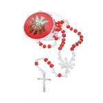 Boxed rosary, 4 mm, red plas. Bds, s. cross, 11"