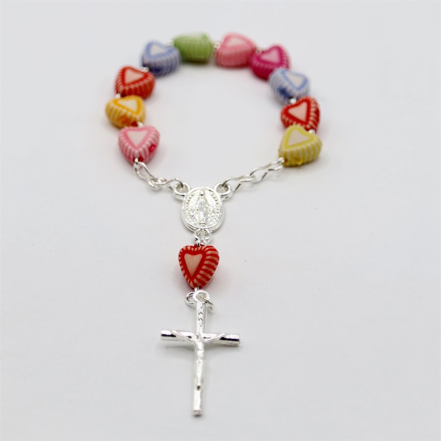 Decade Rosary, Multicol. heart Beads, S-F Cross