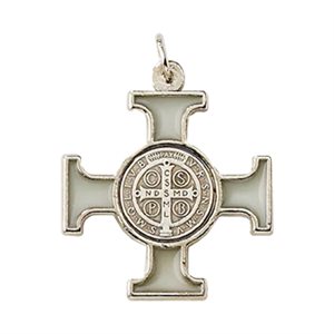 Croix Saint Benoît émail blanc / argent, 4 cm