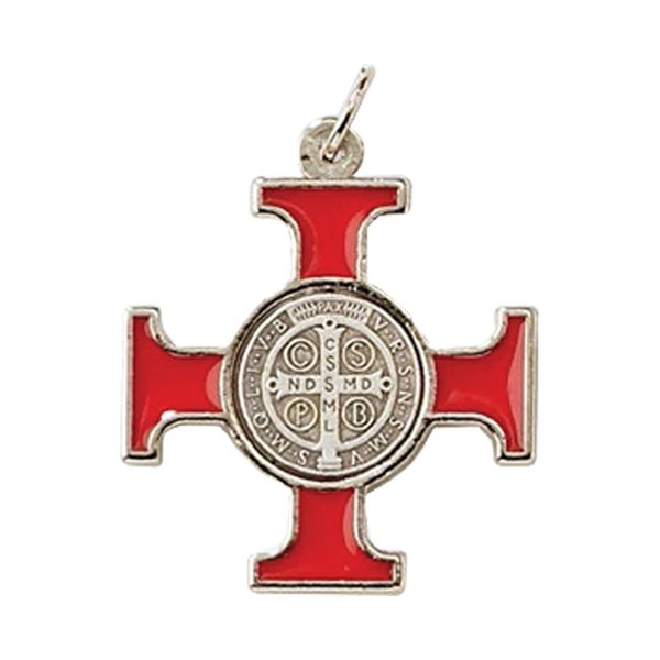 "St-Benedict" Cross, Red / Silver Enamel, 1.6"