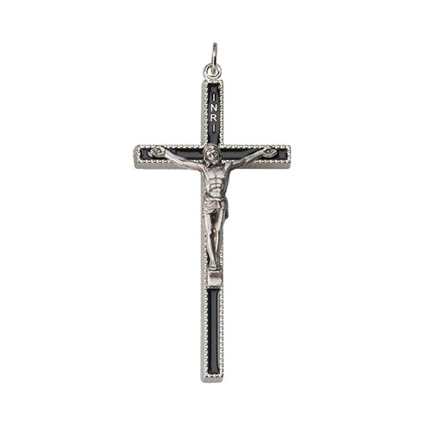 Silver Metal & Black Enameled Cross, 3.3"