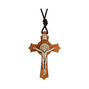 'St. Benedict'' Olive Wood Cross Pendant, 15"