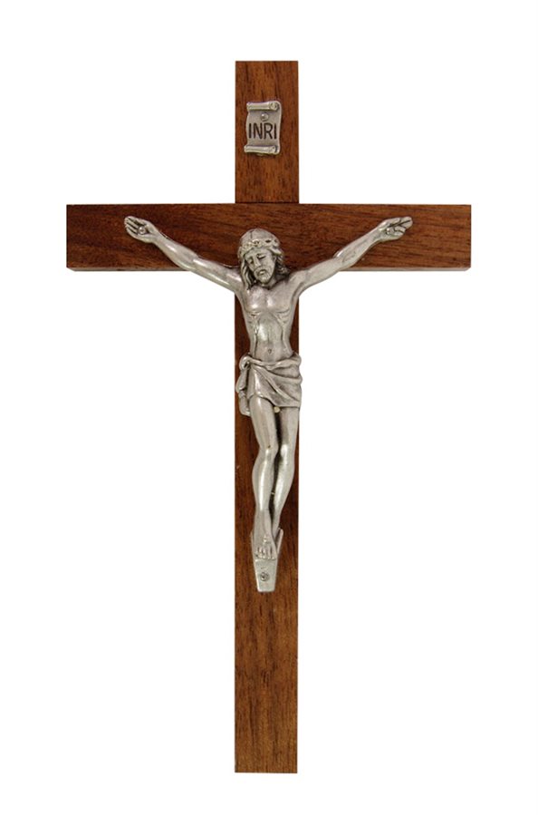 Wooden Crucifix, Silver Metal Corpus, 6"