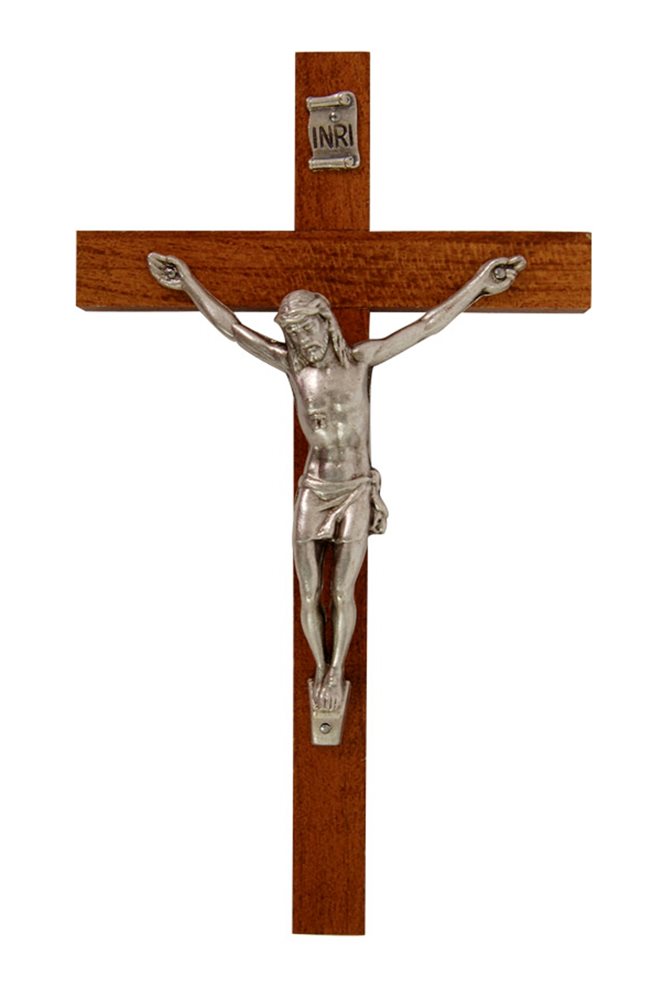 Dark Brown Wooden Cross, Silver Corpus, 5"