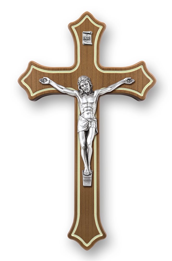 Wooden Crucifix, Silver finish Corpus, 8'' (20 cm)