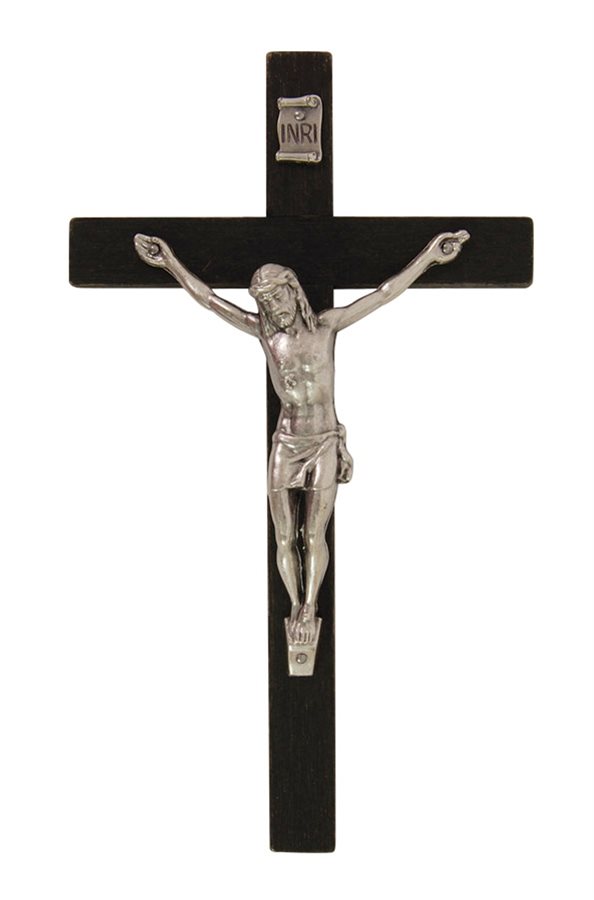 Black Wooden Crucifix, Silver finish Corpus, 5"
