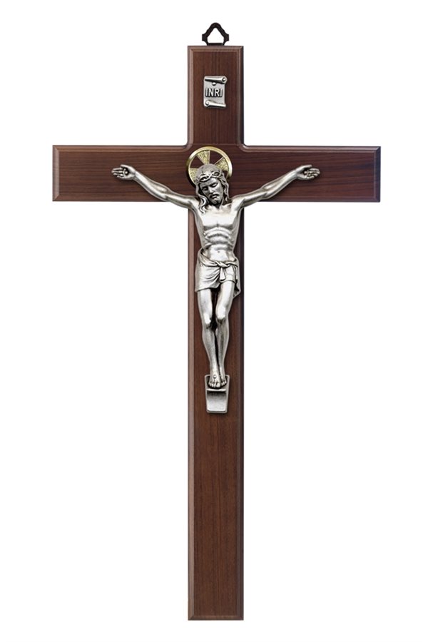 Crucifix en bois, corpus argenté, 18 cm