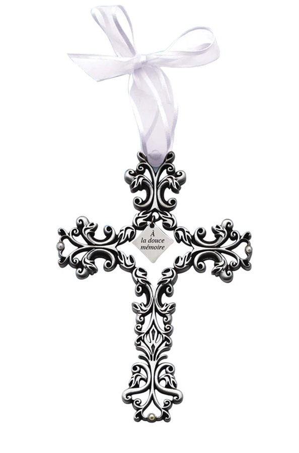 "À la douce mémoire" pewter Crucifix, 5", French