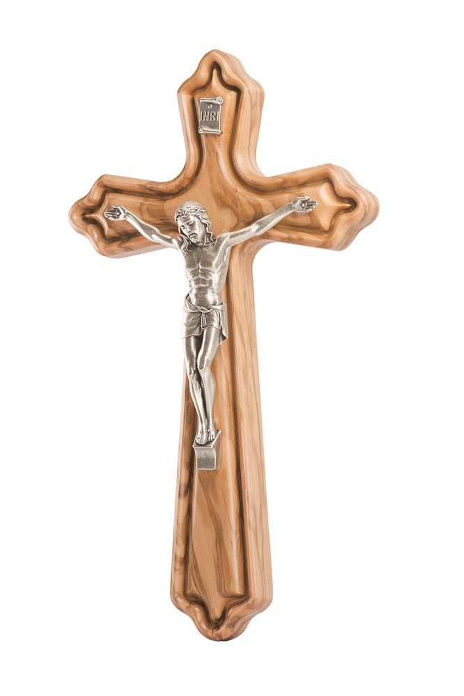 Olive Wood Crucifix, Silver Metal Corpus, 8"