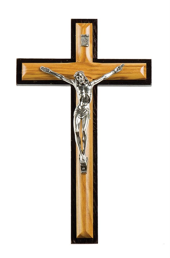 Two-Tone Olive Wooden Crucifix, S-F Corpus, 8"