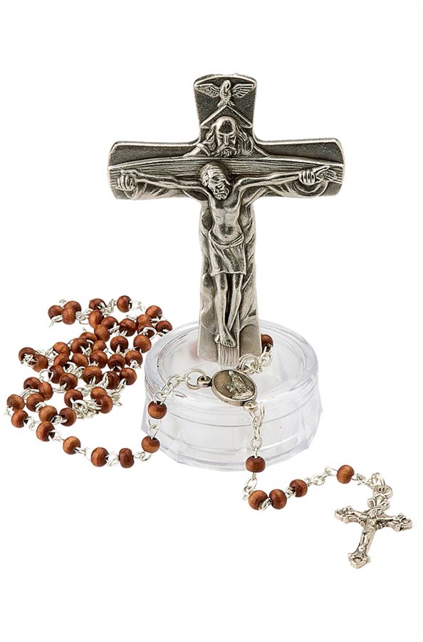 Metal Crucifix On Base, Wooden Rosary, 3½"