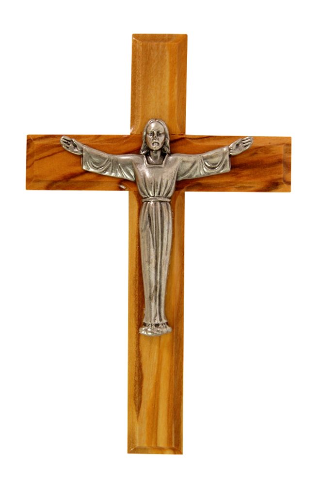 Crucifix bois d'olivier, corpus métal arg., 12 cm