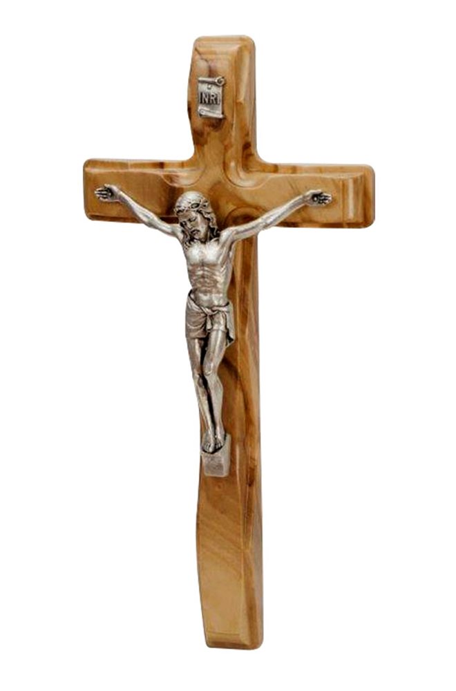 Crucifix, bois d'olivier, corpus argenté, 15,2 cm