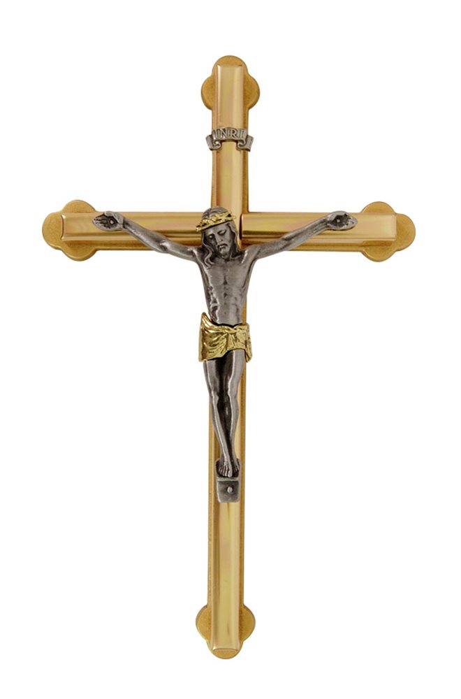 Crucifix en métal doré, corpus bicolore, 15,2 cm