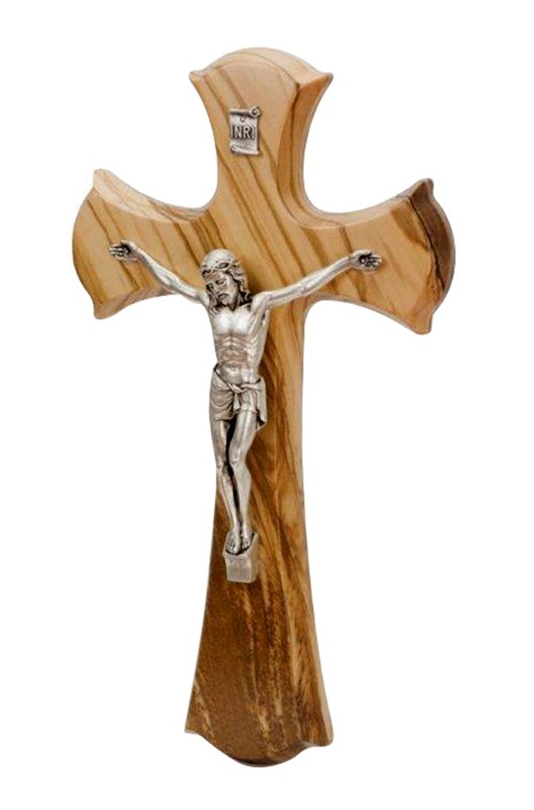 Olive Wood Crucifix, Silver Metal Corpus, 6"