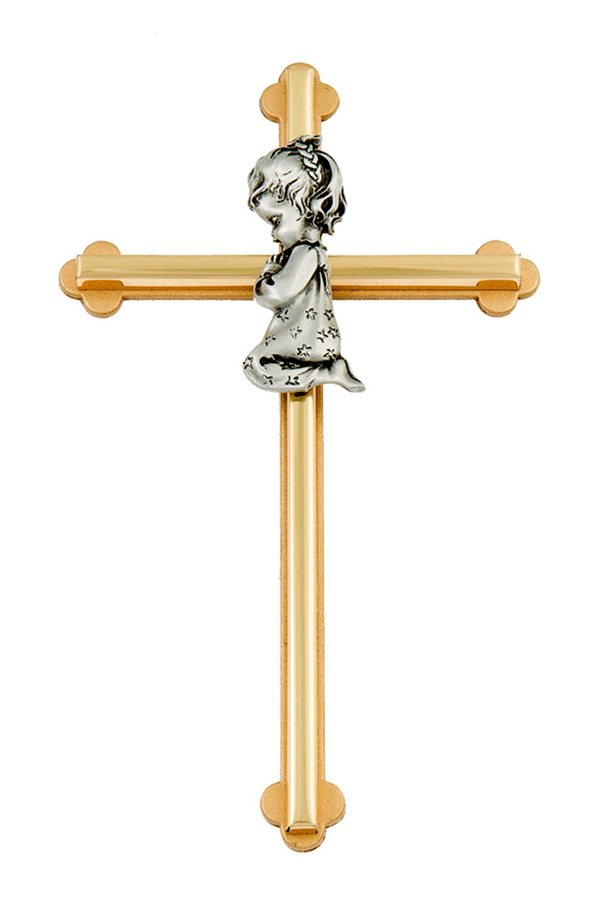 Croix baptême fillette, métal bicolore, 20 cm