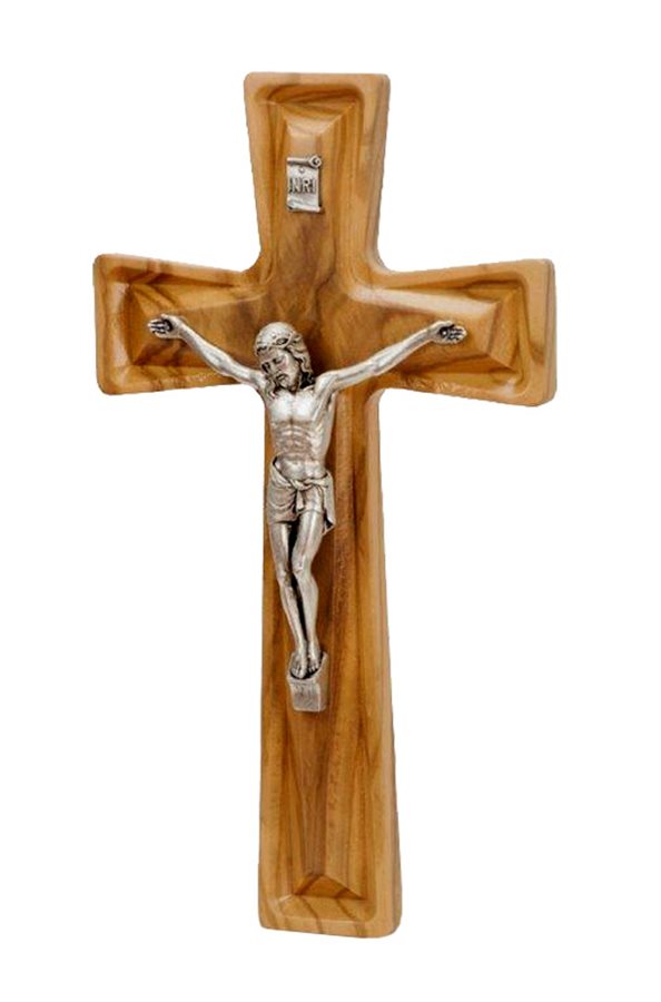 Crucifix, bois d'olivier, corpus argenté, 20,3 cm