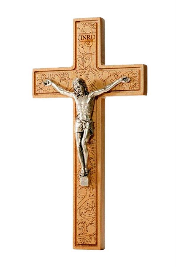 Crucifix, bois, gravure au laser, corpus arg., 20,3 cm