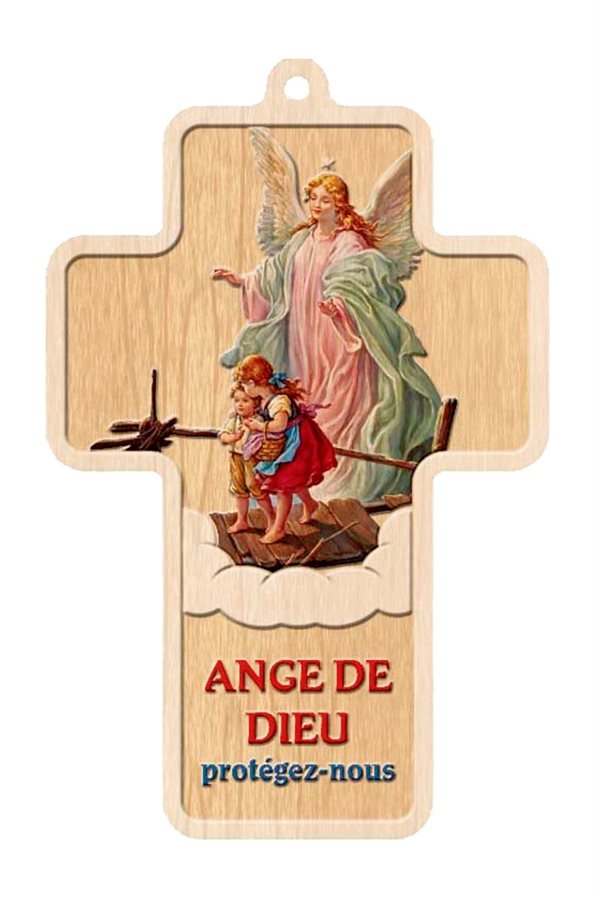 'Ange gardien'' Wood Printed Crucifix, 4.9", French