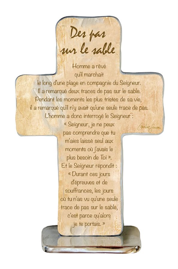 "Pas dans le sable" Crucifix, Printed Metal, 4", French