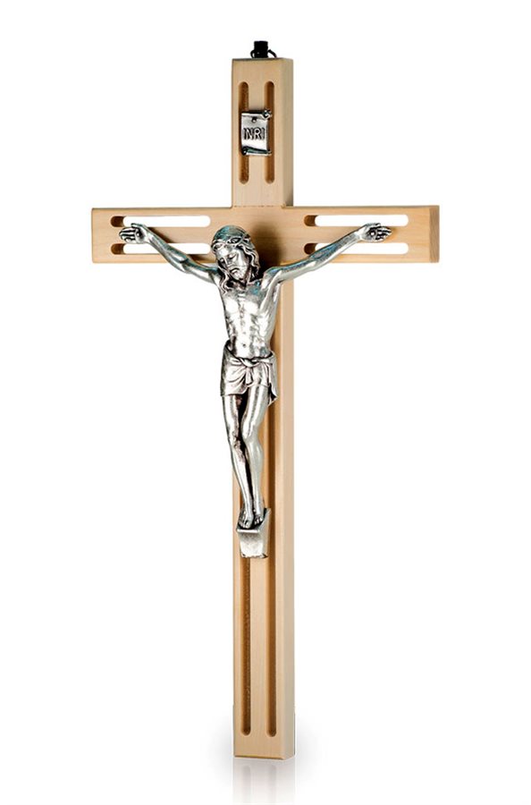 Crucifix bois naturel, corpus argenté, 15,2 cm