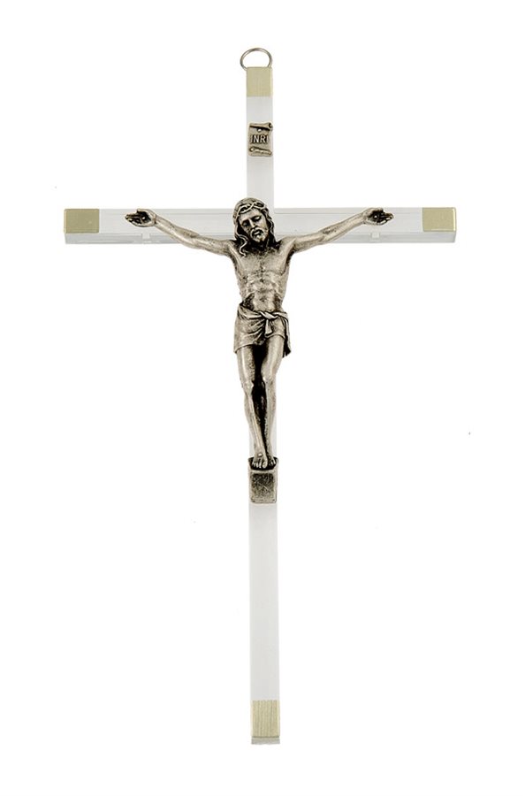 Crucifix en plexiglas, corpus métal arg., 21 cm