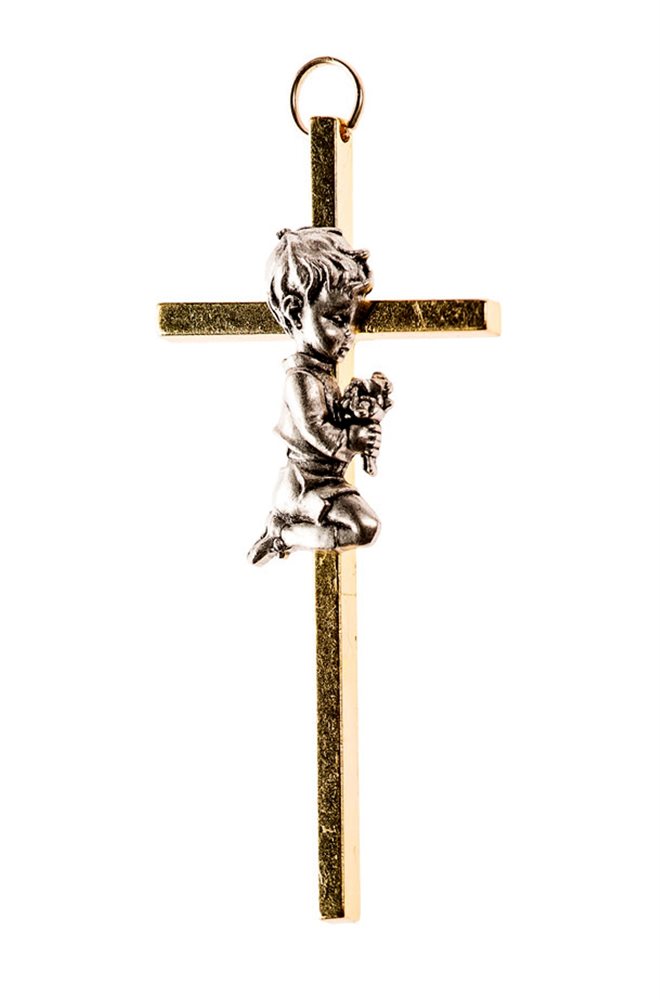 Croix baptême garçon en métal bicolore, 8 cm