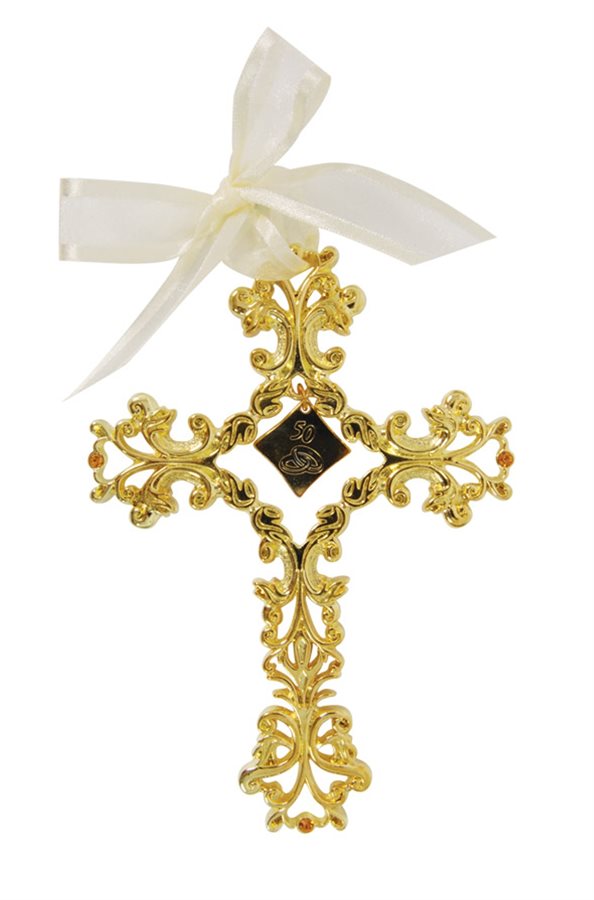 Croix 50e anniv. mariage en métal doré, 13 cm