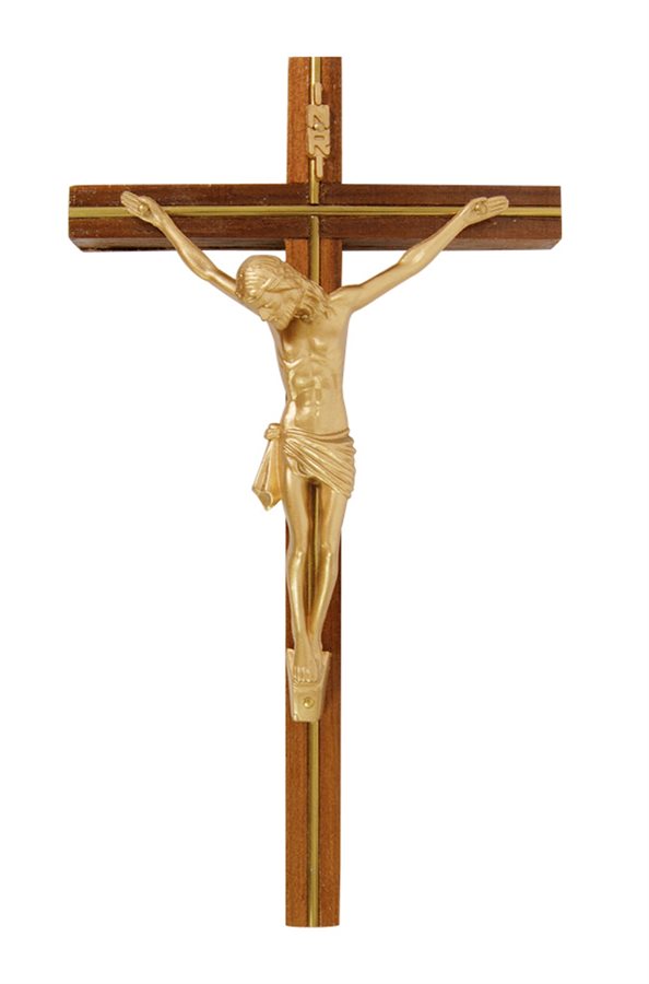 Crucifix en noyer, corpus en plastique doré, 20,3 cm